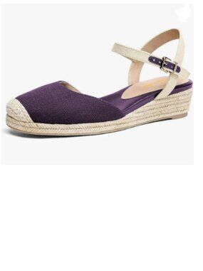 miss left Purple Round Toe Espadrille Sandals Mid Heel Wedges Ankle Strap Shoe